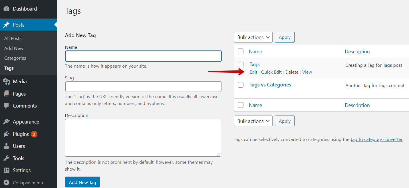 Edit Tags in WordPress