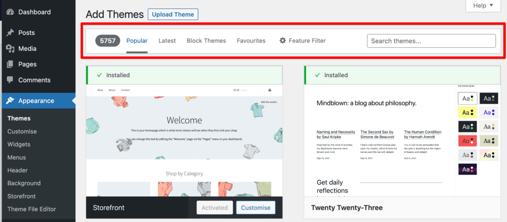 Search and add a new theme WordPress