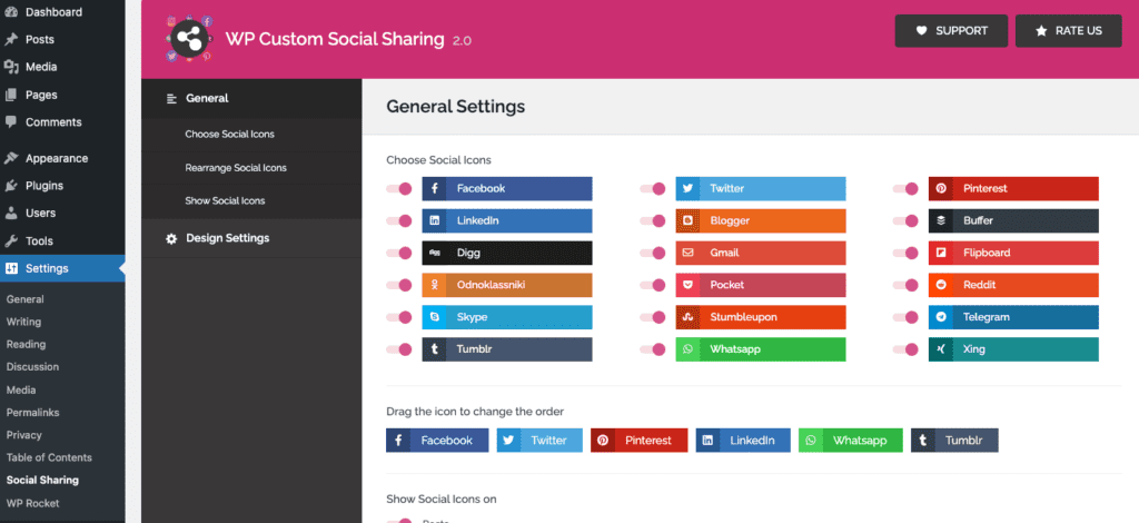 Customization options in WP Custom Social Sharing plugin in WordPress